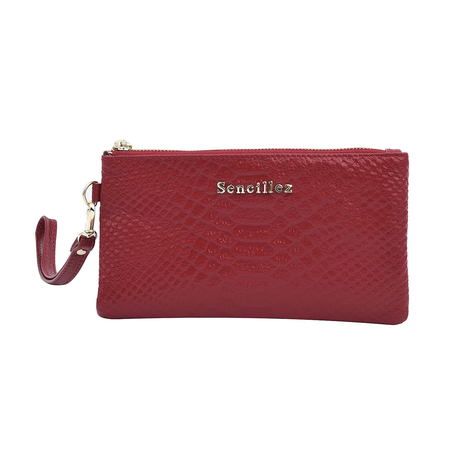 SENCILLEZ 100% Genuine Leather Snakeskin Pattern Clutch Bag with Zipper Closure (Size 19x11Cm) - Burgundy