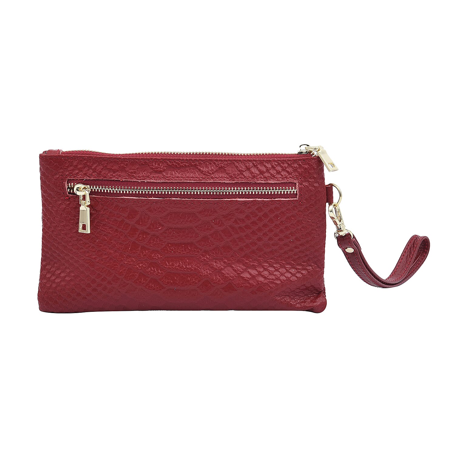 SENCILLEZ 100% Genuine Leather Snakeskin Pattern Clutch Bag with Zipper Closure (Size 19x11Cm) - Burgundy