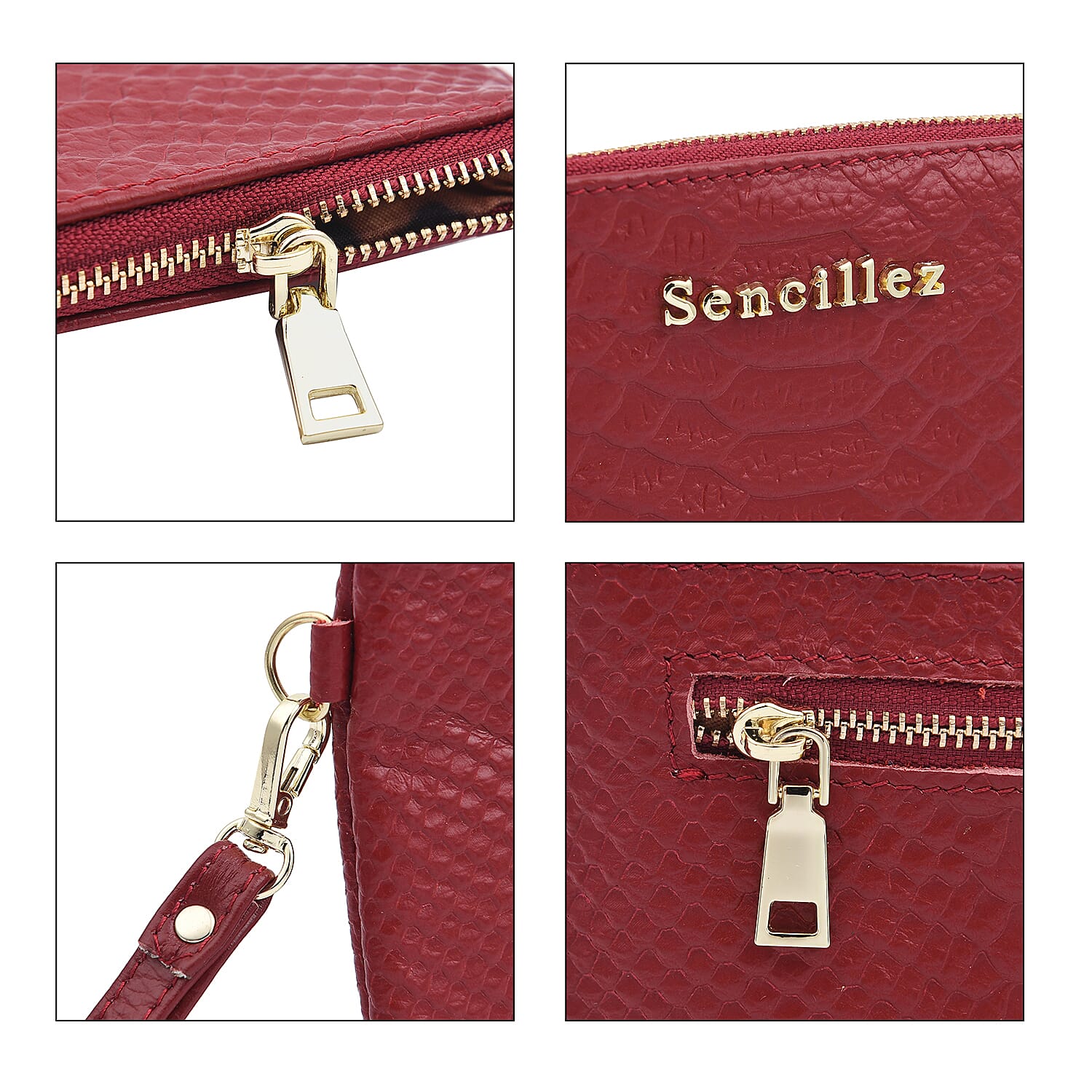 SENCILLEZ 100% Genuine Leather Snakeskin Pattern Clutch Bag with Zipper Closure (Size 19x11Cm) - Burgundy