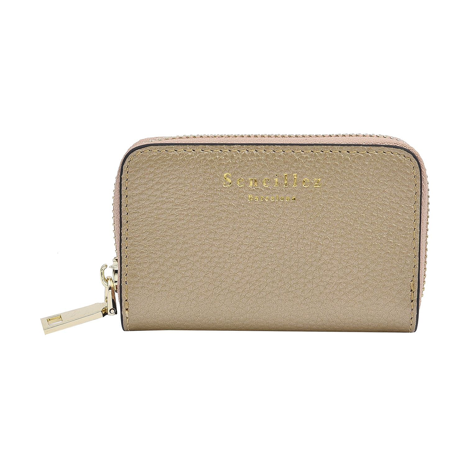 SENCILLEZ 100% Genuine Leather RFID Wallet with Zipper Closure (Size 12x8x2Cm) - Gold