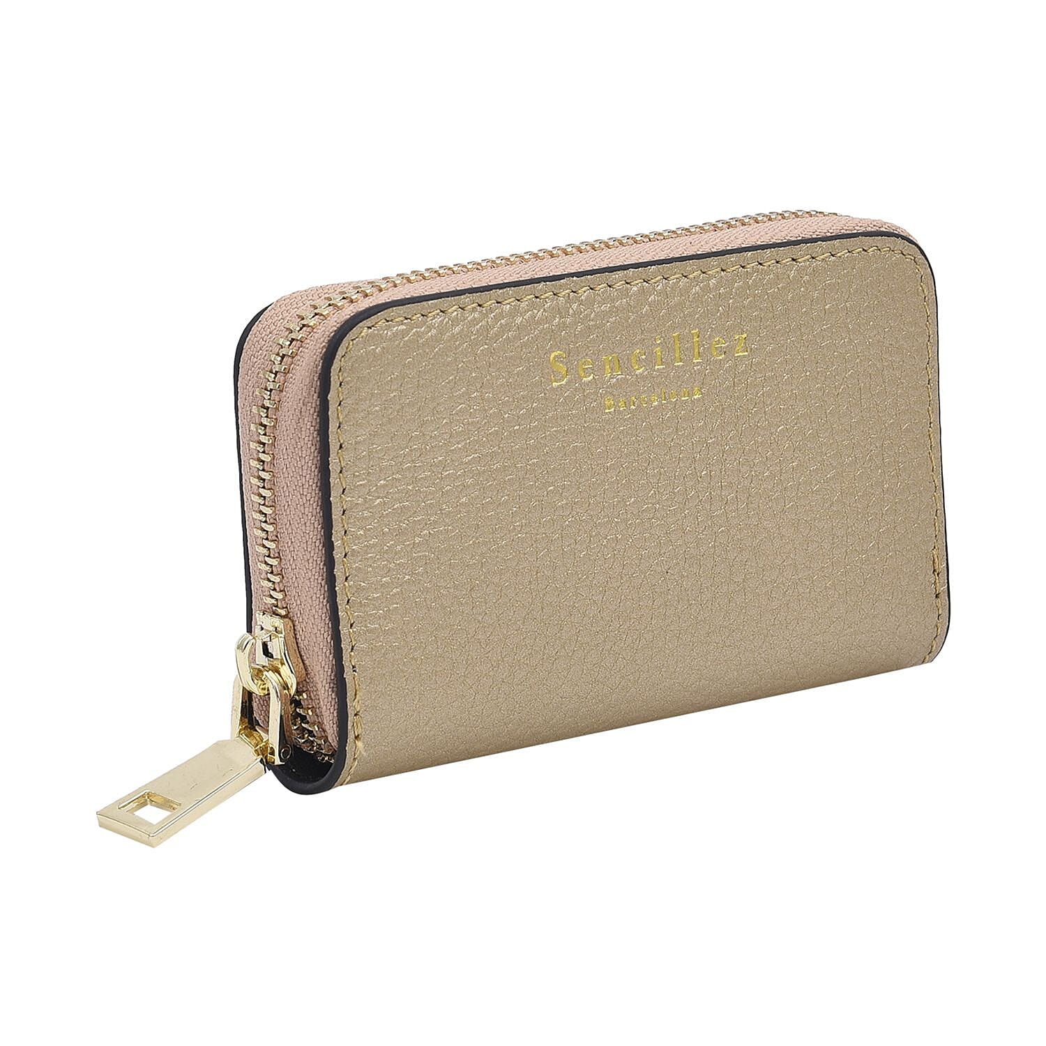 SENCILLEZ 100% Genuine Leather RFID Wallet with Zipper Closure (Size 12x8x2Cm) - Gold