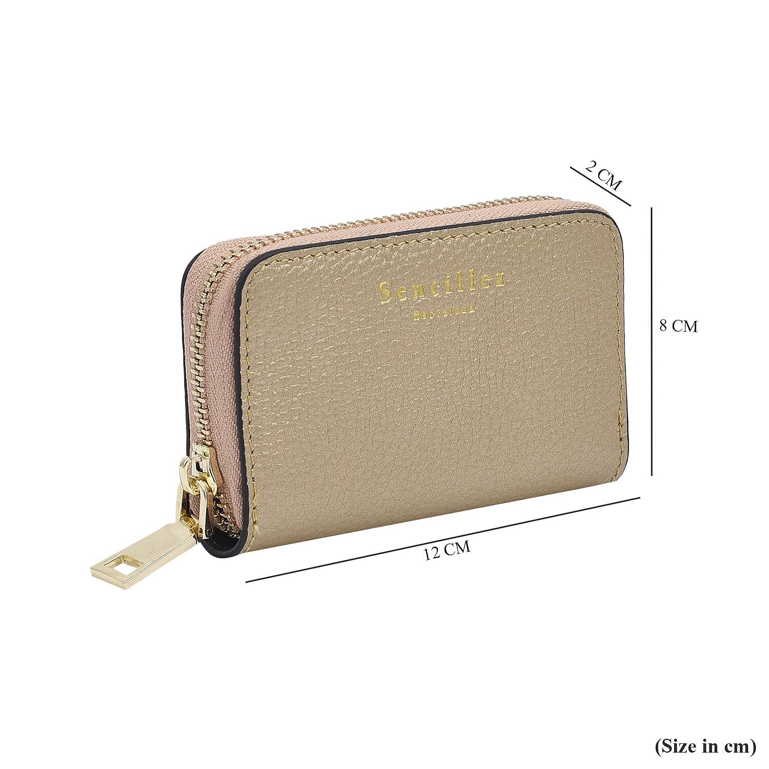 SENCILLEZ 100% Genuine Leather RFID Wallet with Zipper Closure (Size 12x8x2Cm) - Gold