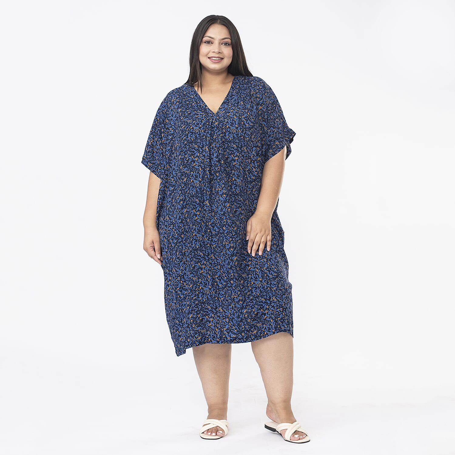 TAMSY V Neck Printed Kaftan Midi Dress (One Size 8-18) - Navy