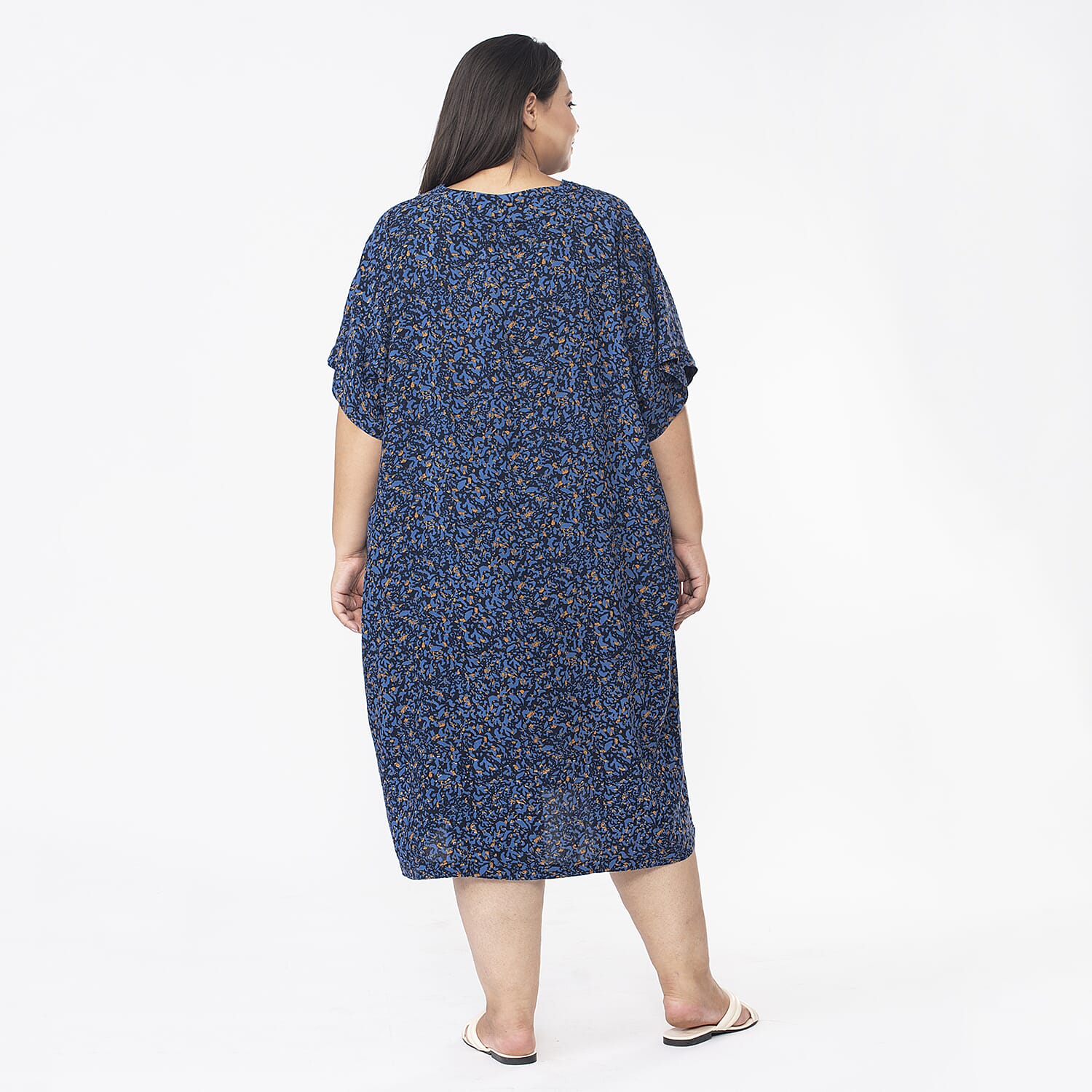 TAMSY V Neck Printed Kaftan Midi Dress (One Size 8-18) - Navy