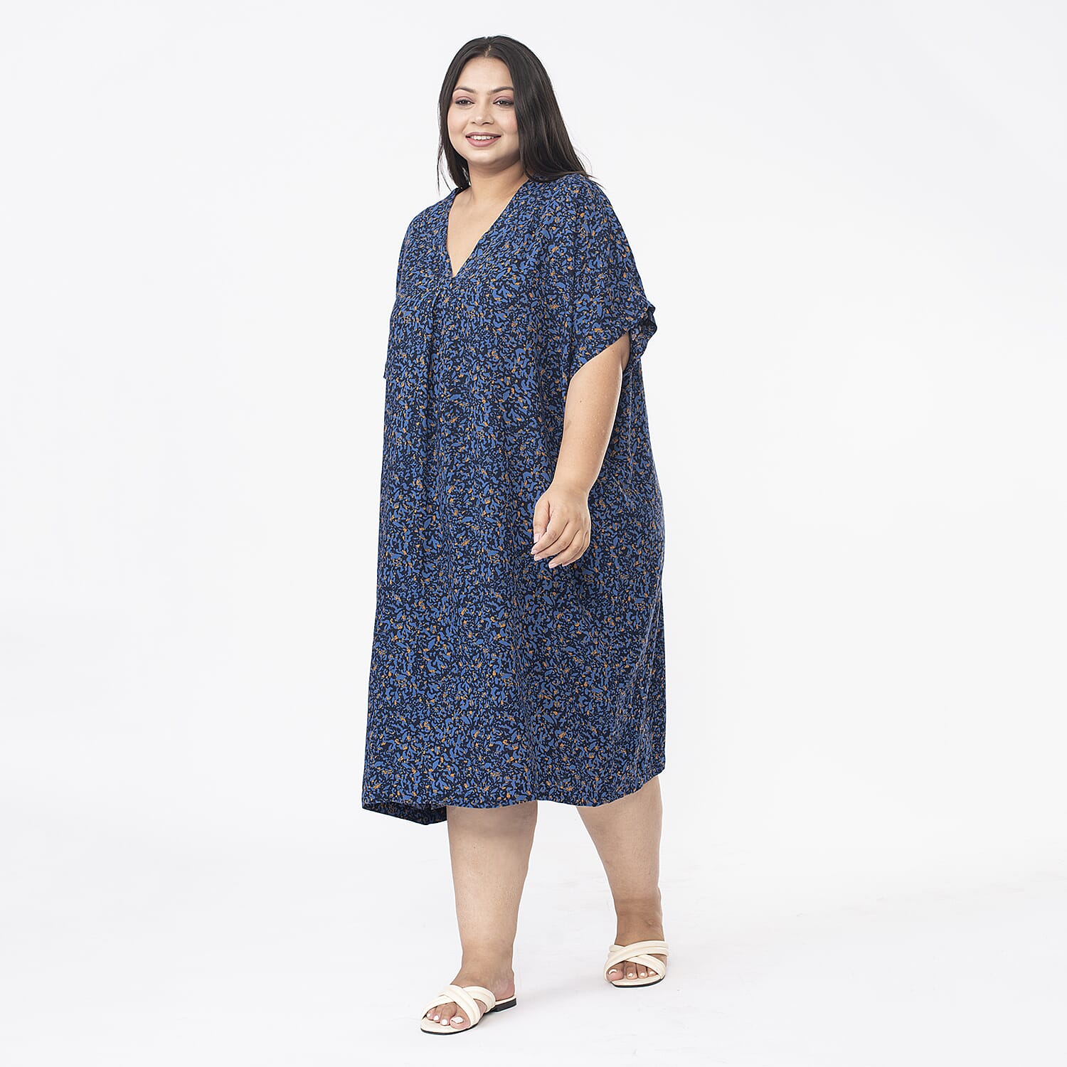 TAMSY V Neck Printed Kaftan Midi Dress (One Size 8-18) - Navy