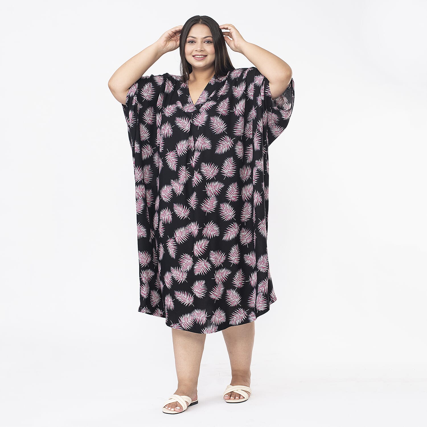 Tamsy V Neck Kaftan Midi Dress (One Size) - Navy