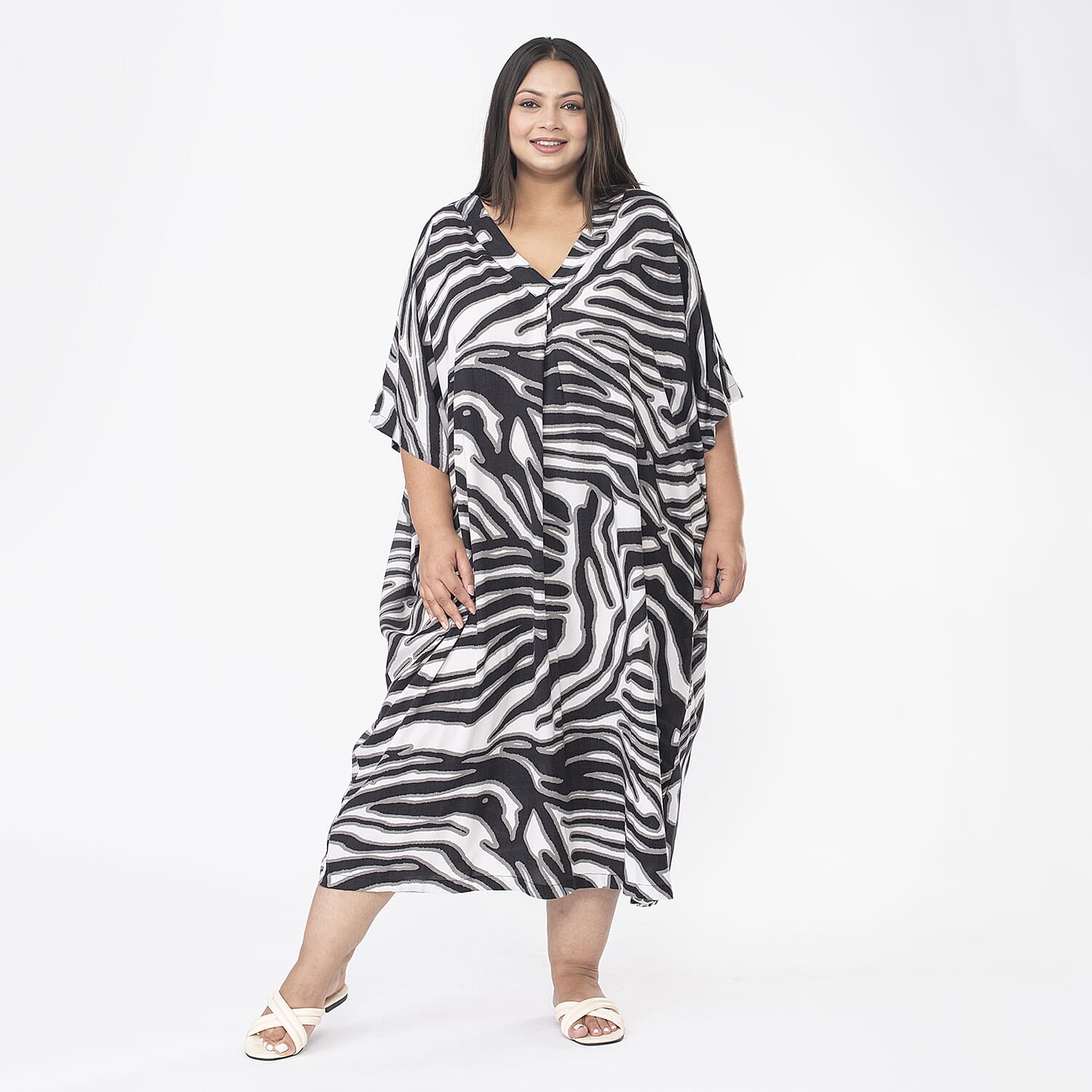 Tamsy V Neck Kaftan Midi Dress (One Size) - Navy