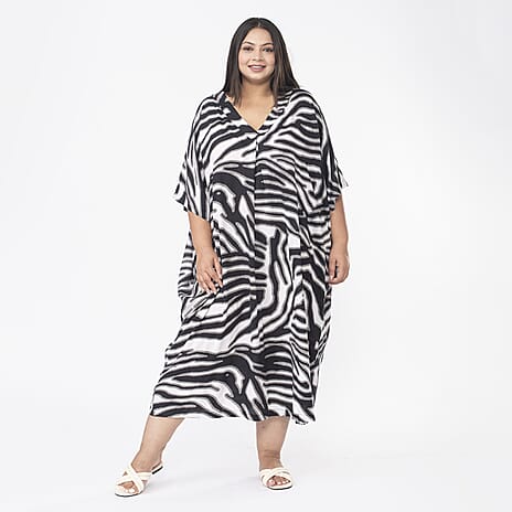 Tamsy 100% Viscose Midi Umbrella Dress with Pockets (One Size, 8-18) - White and Black