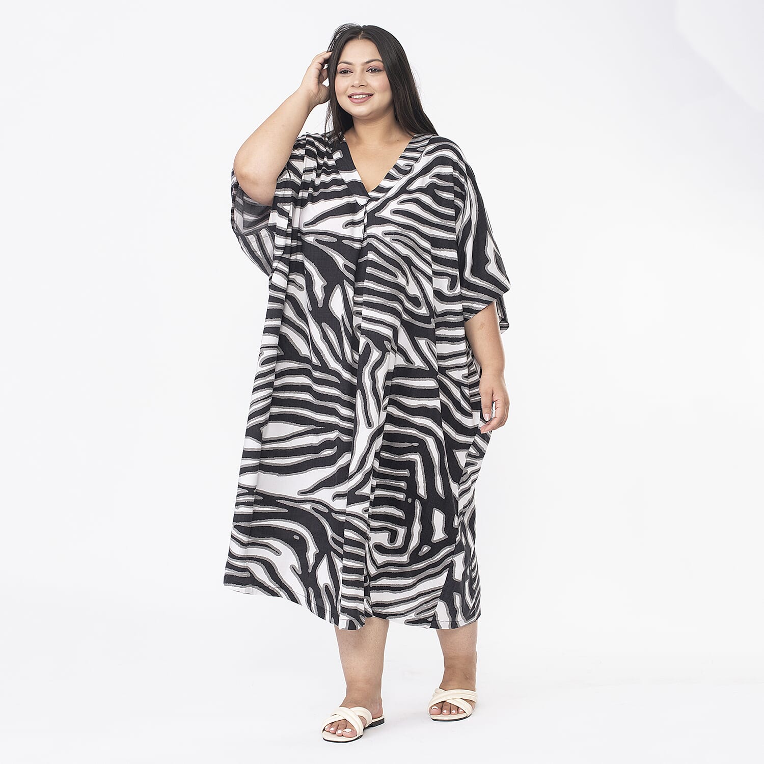 Tamsy V Neck Kaftan Midi Dress (One Size) - Navy