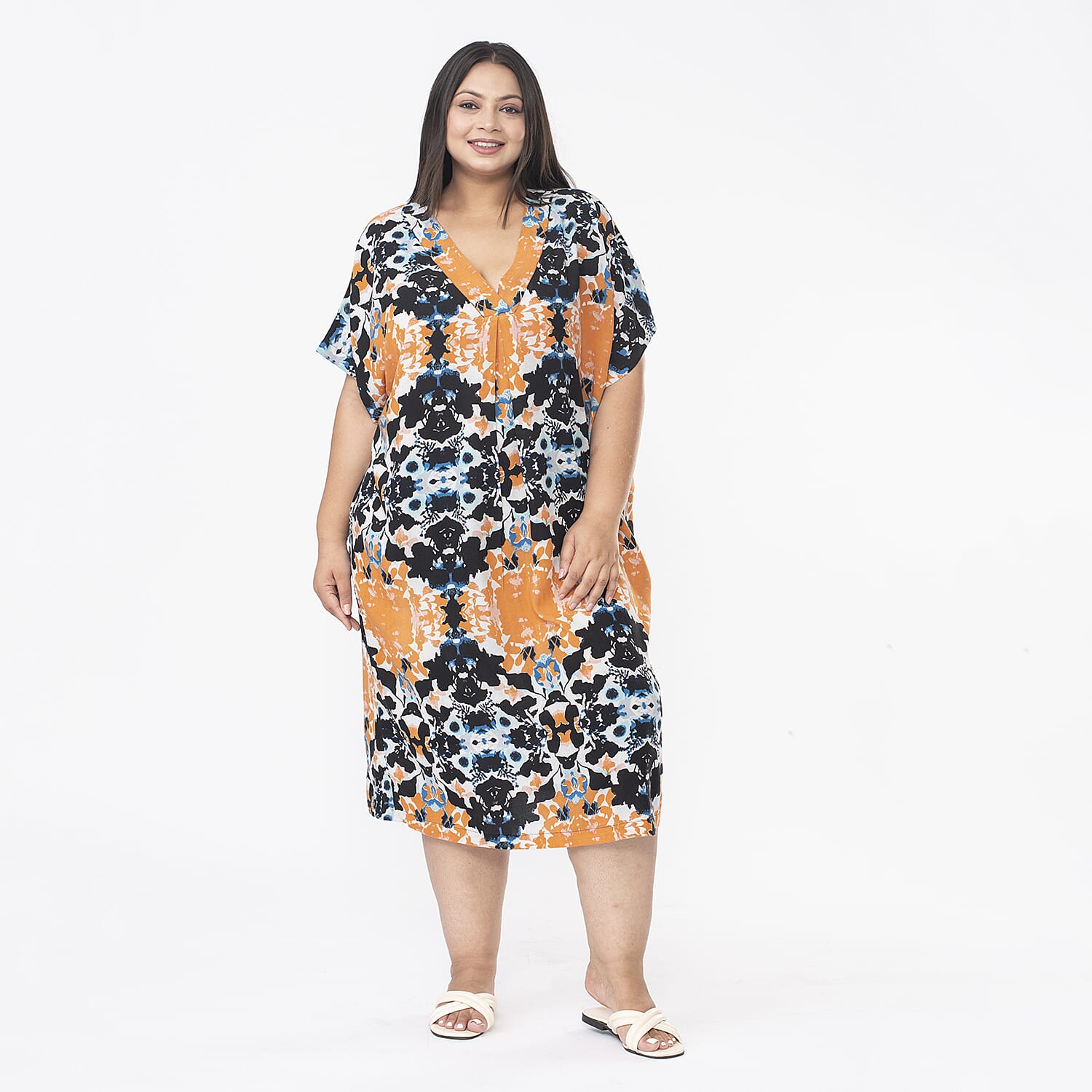 Tamsy V Neck Kaftan Midi Dress (One Size) - Navy