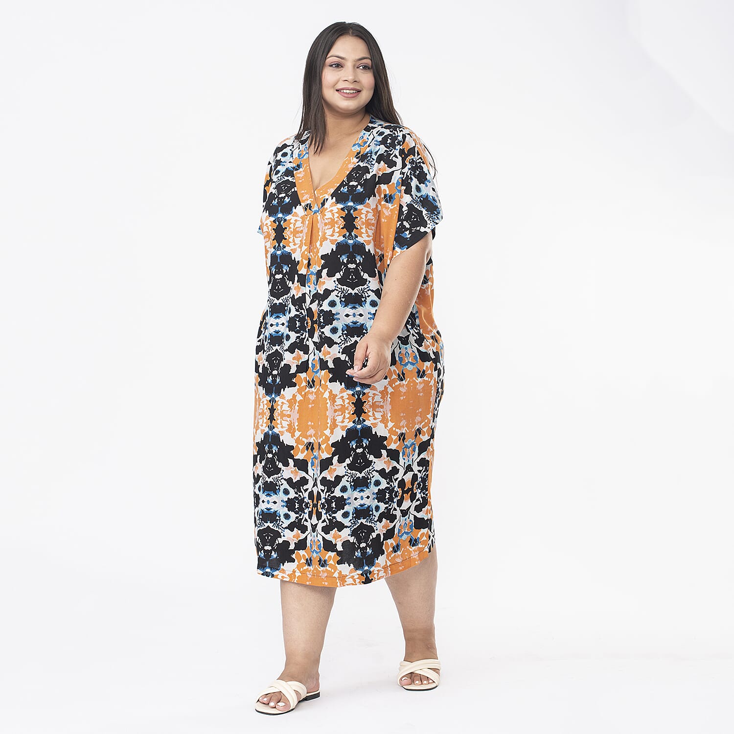 Tamsy V Neck Kaftan Midi Dress (One Size) - Navy