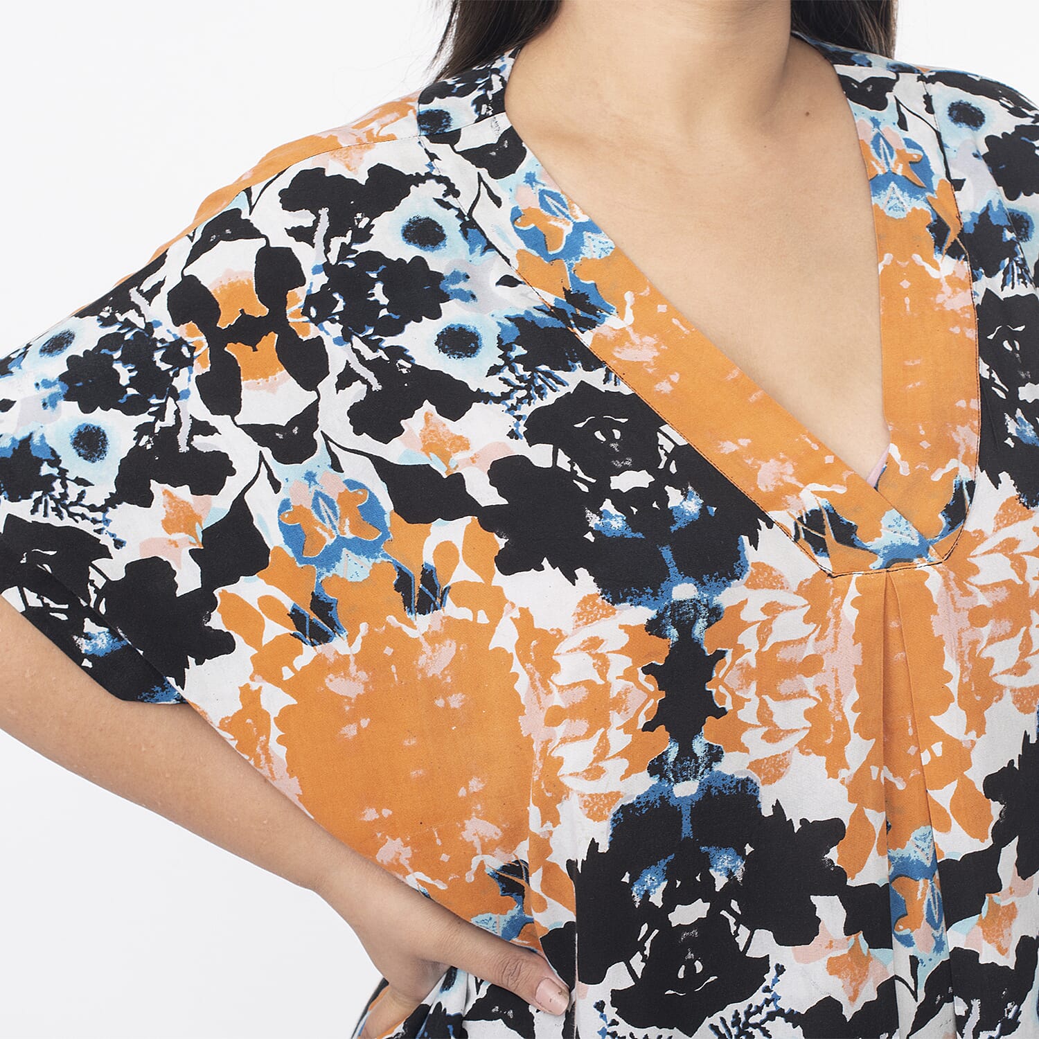 Tamsy V Neck Kaftan Midi Dress (One Size) - Navy