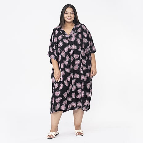 Tamsy V Neck Kaftan Midi Dress (Curve Size 20-26) - Black