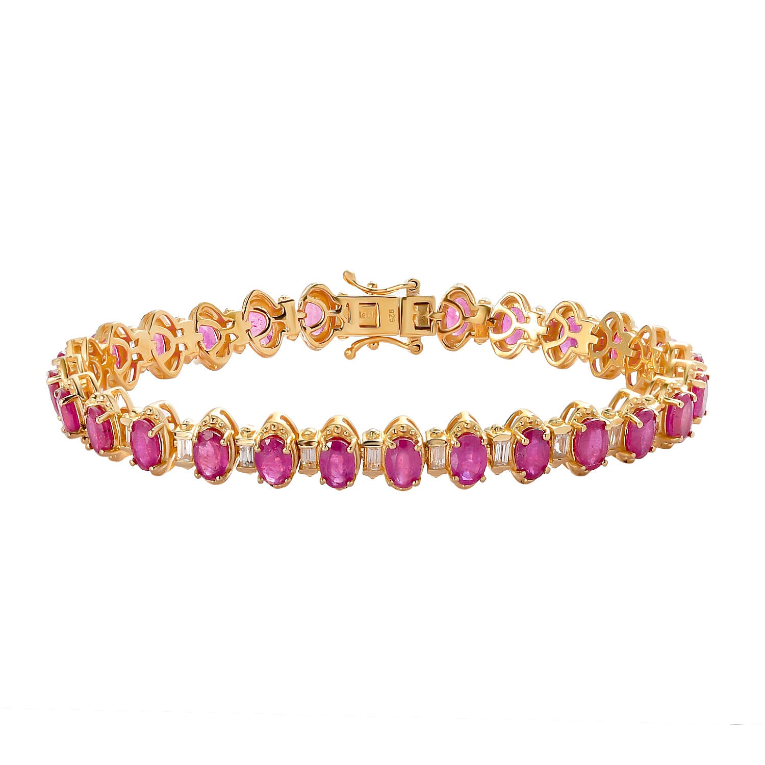 Ruby and Natural Zircon Bracelet (Size - 7.5) in 18K Yellow Gold Vermeil Plated Sterling Silver 20.831 Ct, Silver Wt. 16.90 Gms