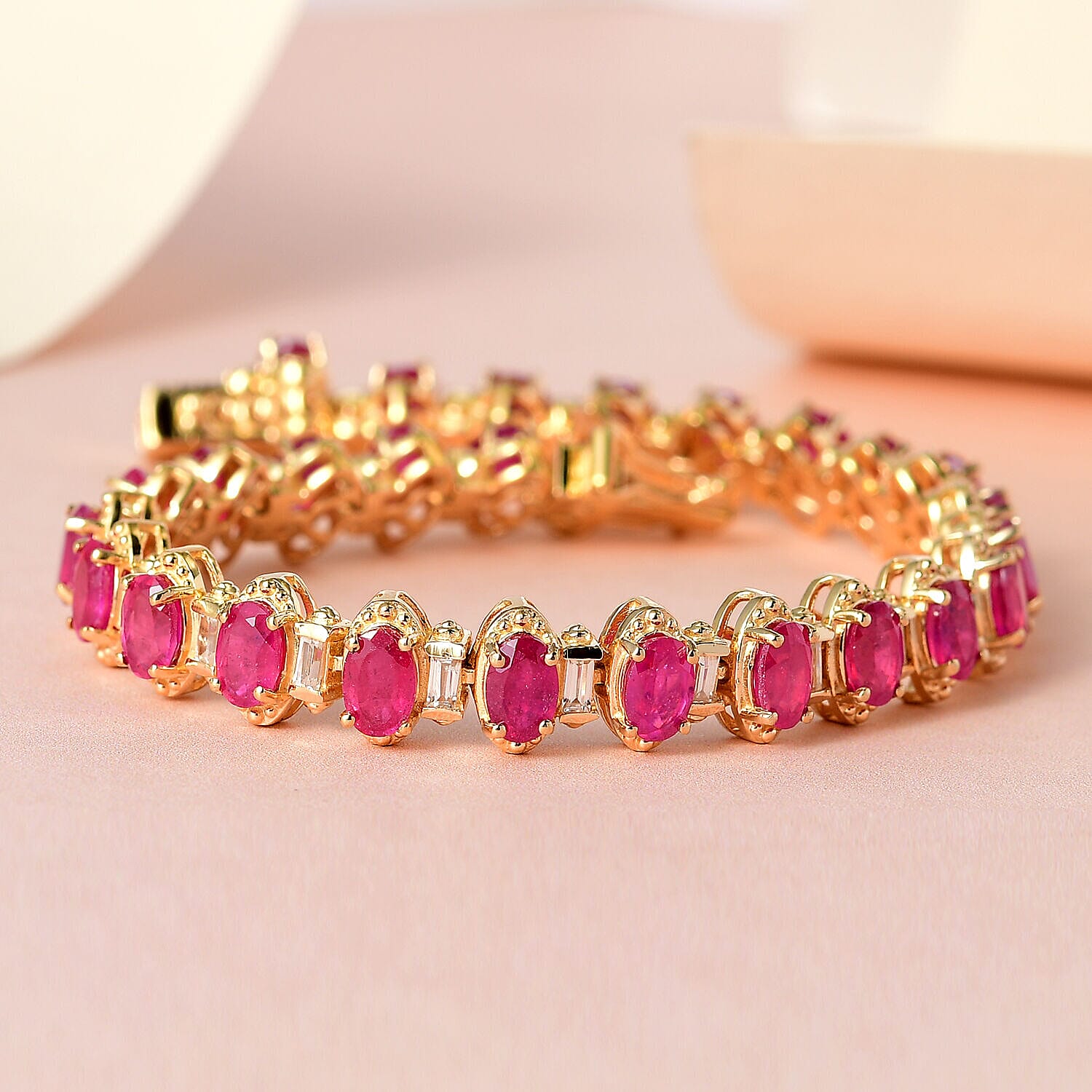 Ruby and Natural Zircon Bracelet (Size - 7.5) in 18K Yellow Gold Vermeil Plated Sterling Silver 20.831 Ct, Silver Wt. 16.90 Gms