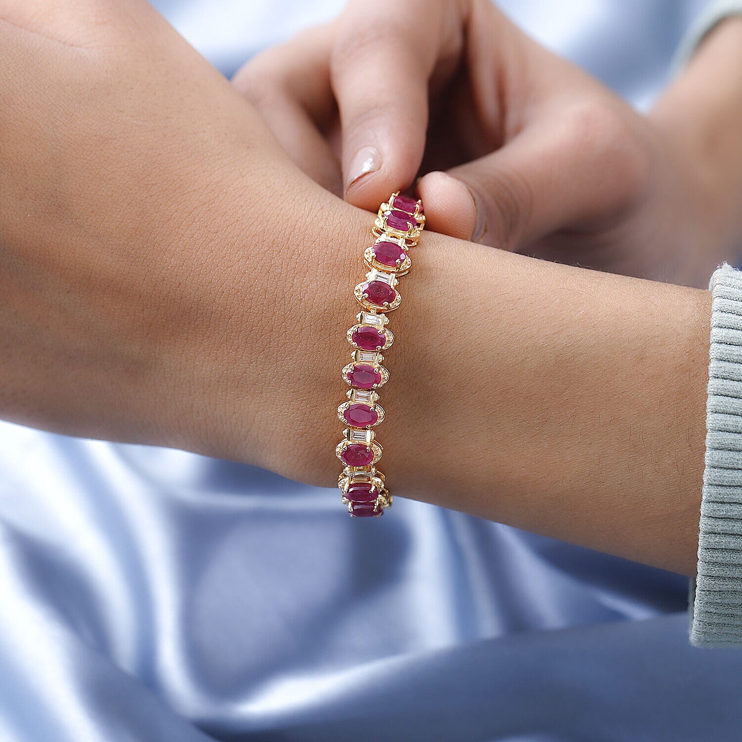 Ruby and Natural Zircon Bracelet (Size - 7.5) in 18K Yellow Gold Vermeil Plated Sterling Silver 20.831 Ct, Silver Wt. 16.90 Gms