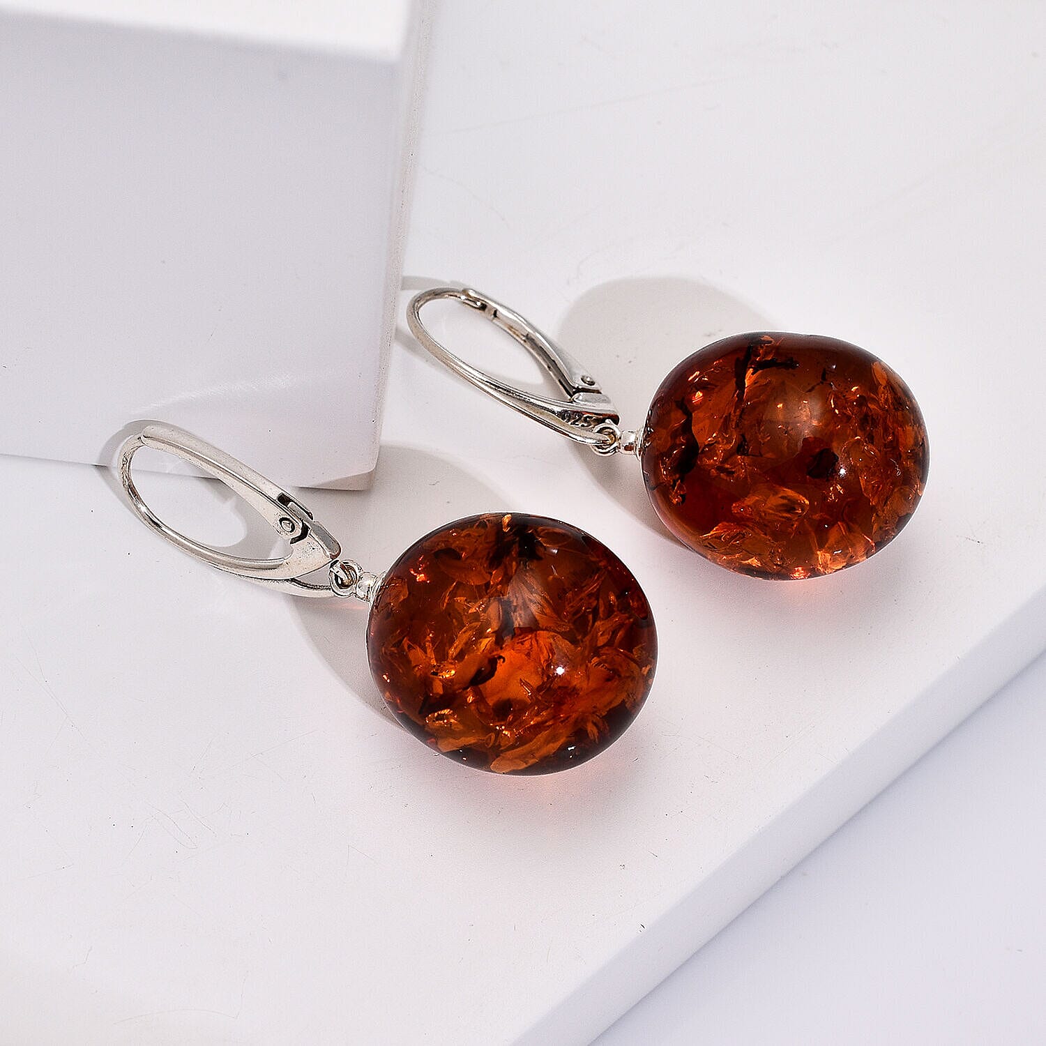 Tucson Special- Amber Lever Back Earrings in Platinum Overlay Sterling Silver