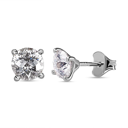 Moissanite Solitaire Stud Earrings in Platinum Overlay Sterling Silver 1.50 Ct.