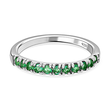 0.34 Ct Zambian Emerald Half Eternity Sleek Wedding Band Ring in Sterling Silver with Platinum Plating