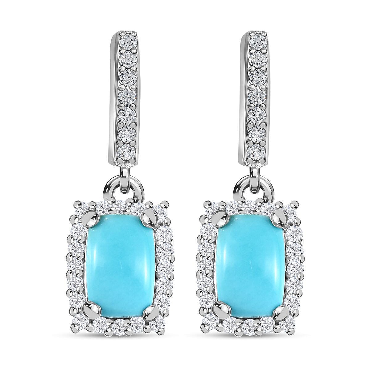 Sleeping Beauty Turquoise ,White Zircon Dangling Earring (With Push Back) in Platinum Overlay Sterling Silver  1.494  Ct.