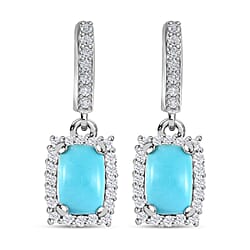 Sleeping Beauty Turquoise ,White Zircon Dangling Earring (With Push Back) in Platinum Overlay Sterling Silver 1.494 Ct.