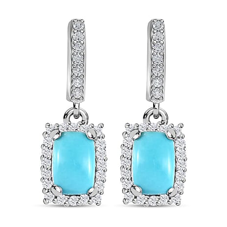 Sleeping Beauty Turquoise ,White Zircon Dangling Earring (With Push Back) in Platinum Overlay Sterling Silver  1.494  Ct.
