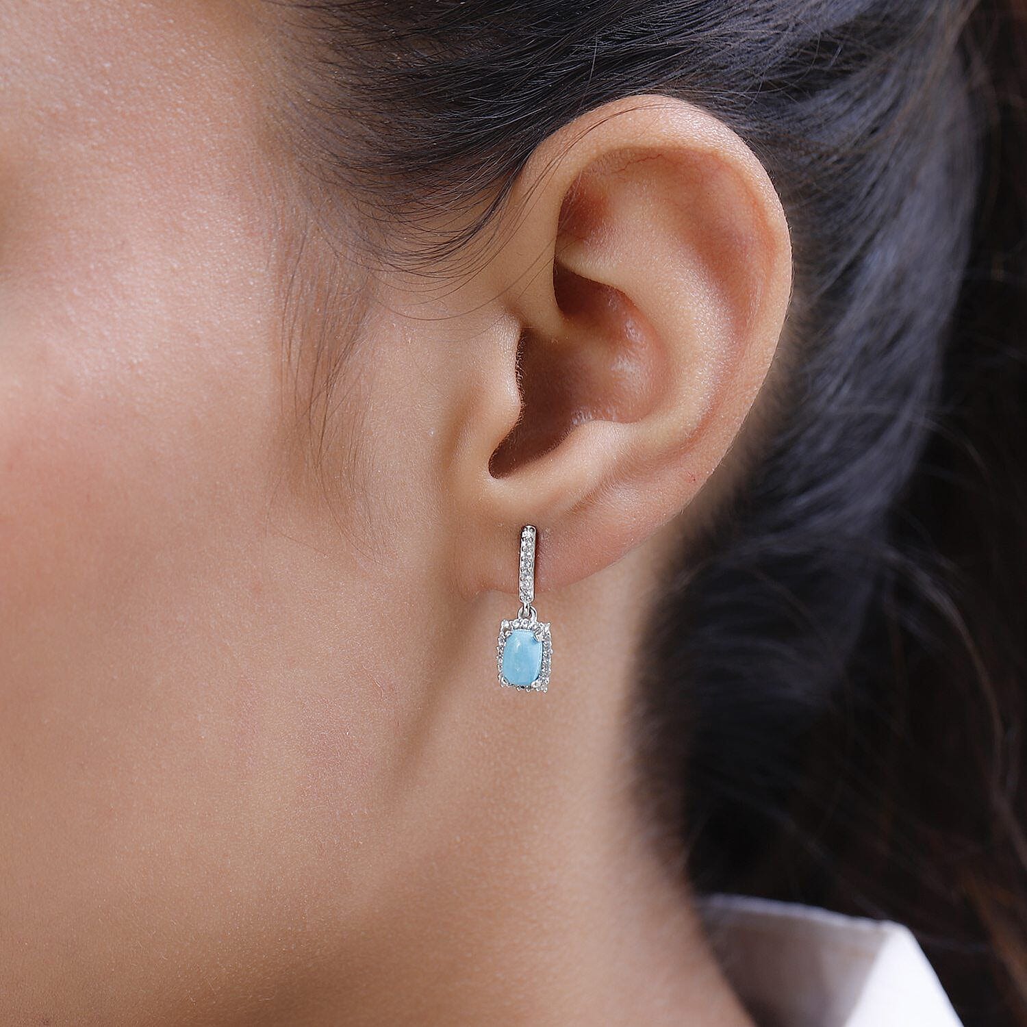 Sleeping Beauty Turquoise ,White Zircon Dangling Earring (With Push Back) in Platinum Overlay Sterling Silver  1.494  Ct.