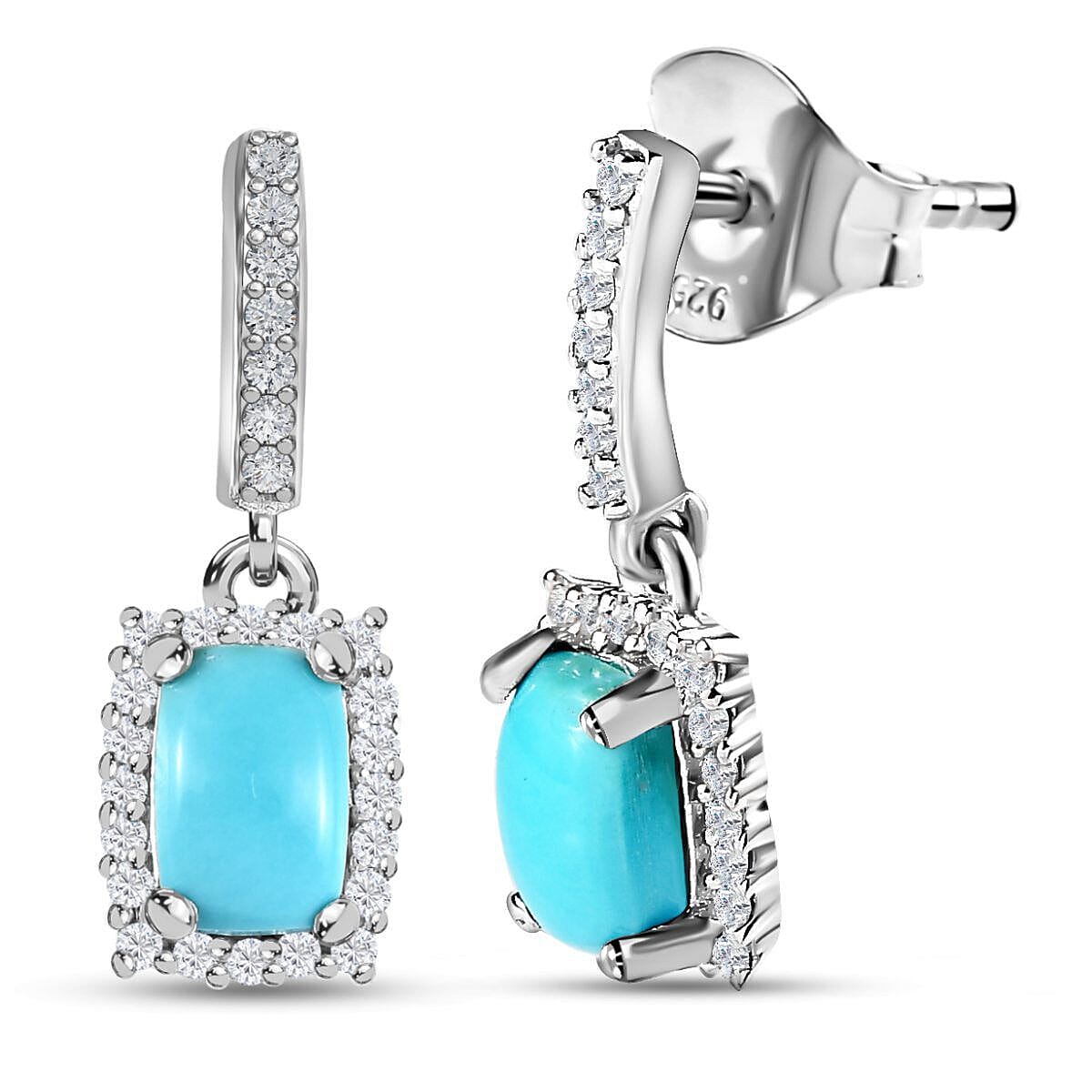 Sleeping Beauty Turquoise ,White Zircon Dangling Earring (With Push Back) in Platinum Overlay Sterling Silver  1.494  Ct.