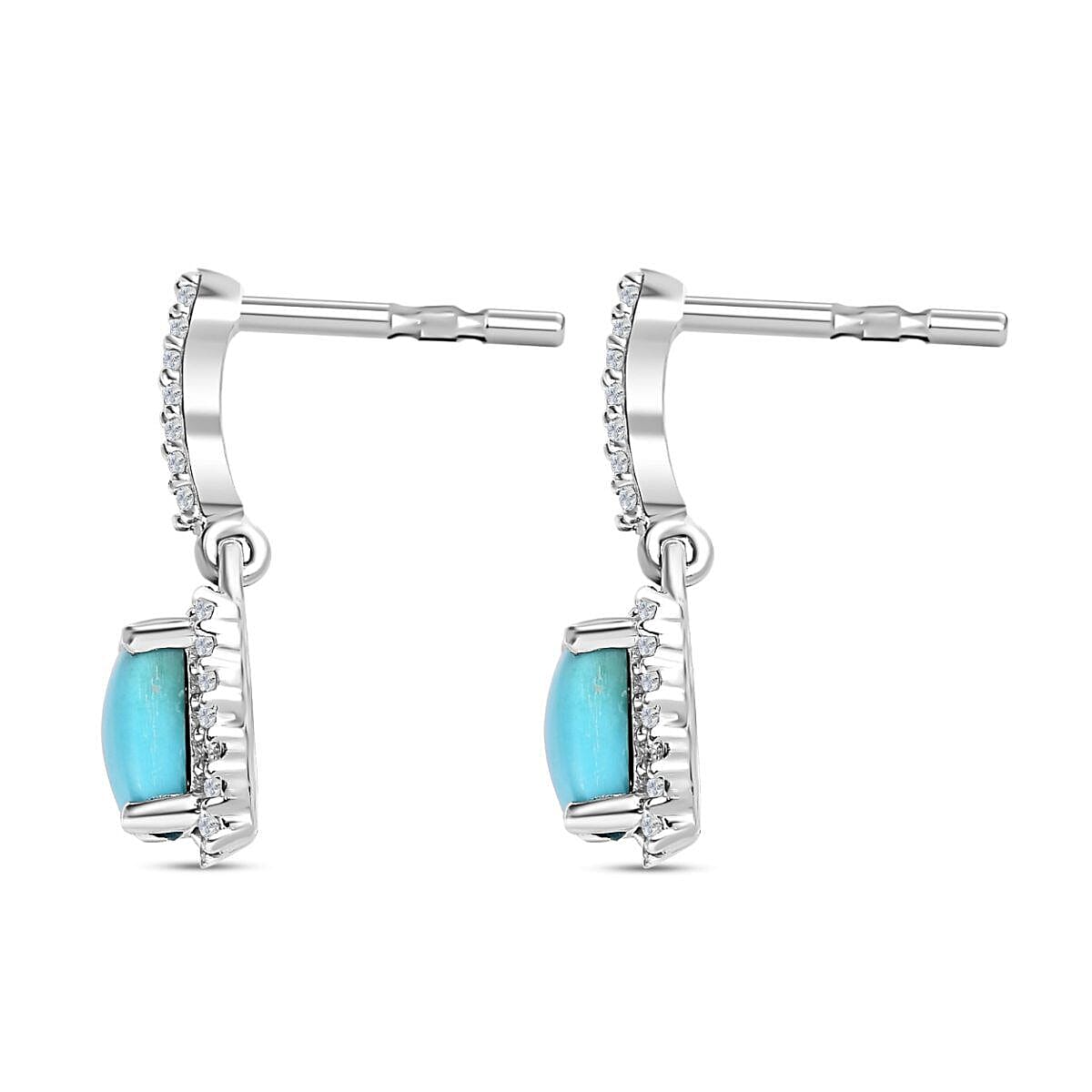 Sleeping Beauty Turquoise ,White Zircon Dangling Earring (With Push Back) in Platinum Overlay Sterling Silver  1.494  Ct.