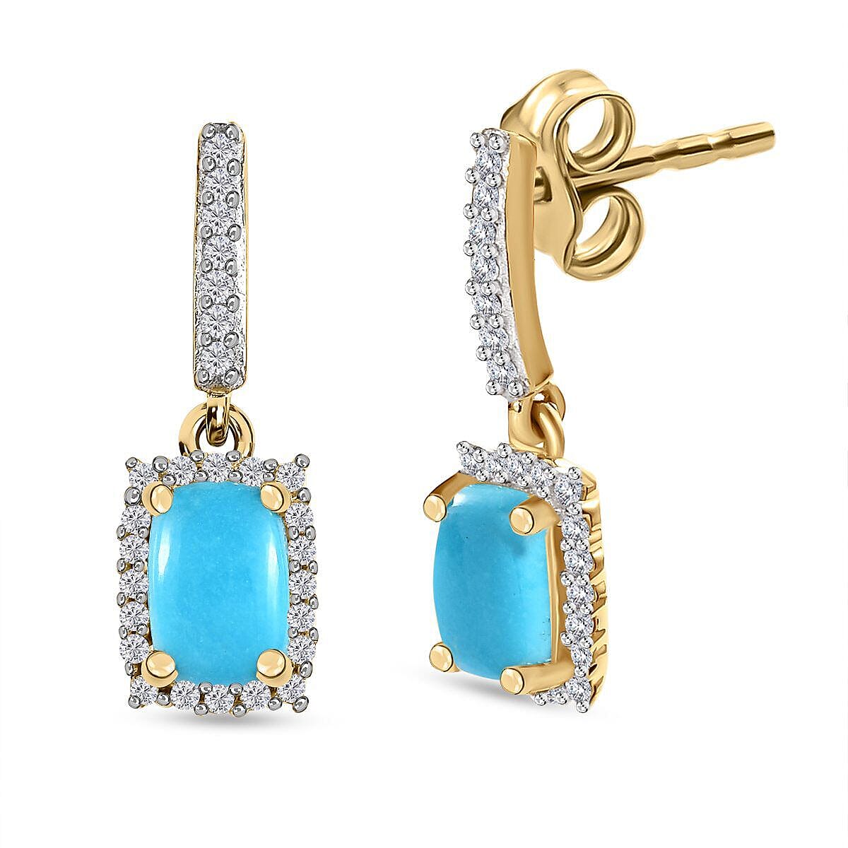 Arizona Sleeping Beauty Turquoise and Natural Zircon Dangle Earrings in 18K Vermeil Yellow Gold Plated Sterling Silver 1.50 Ct.