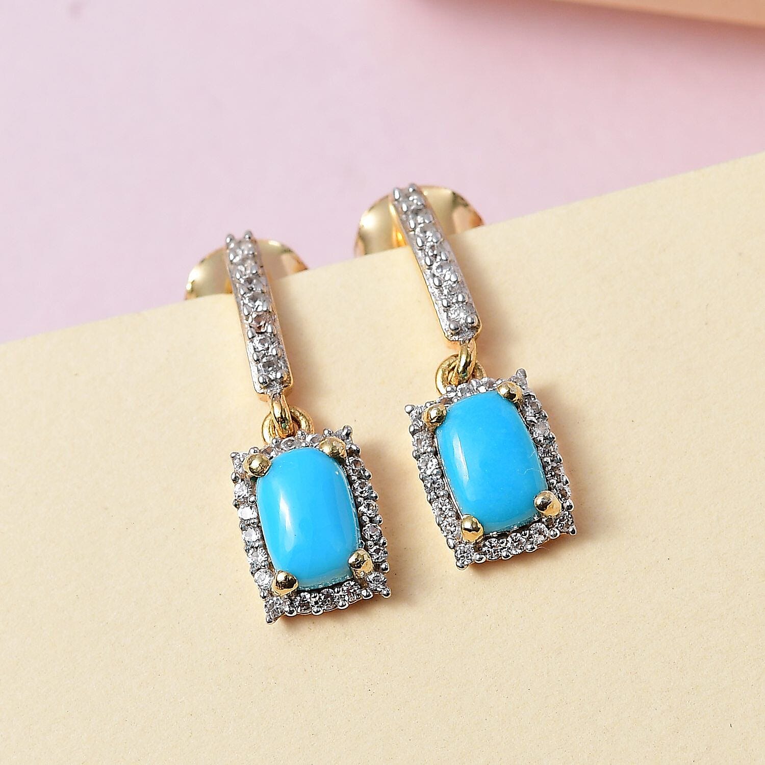 Arizona Sleeping Beauty Turquoise and Natural Zircon Dangle Earrings in 18K Vermeil Yellow Gold Plated Sterling Silver 1.50 Ct.