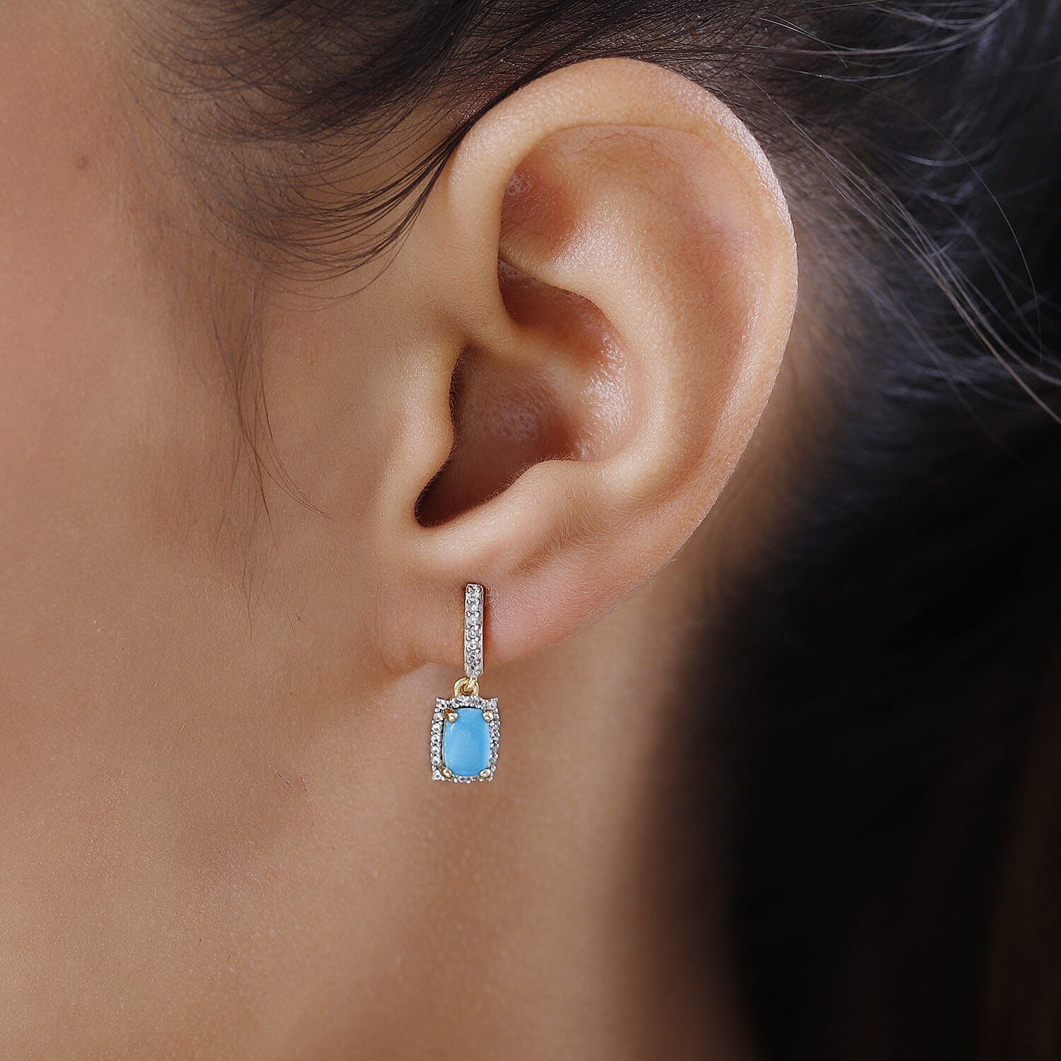 Arizona Sleeping Beauty Turquoise and Natural Zircon Dangle Earrings in 18K Vermeil Yellow Gold Plated Sterling Silver 1.50 Ct.