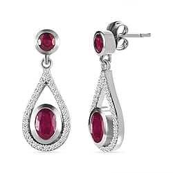 African Ruby (FF) and Natural Cambodian Zircon Dangling Earrings in Platinum Overlay Sterling Silver 3.458 Ct.