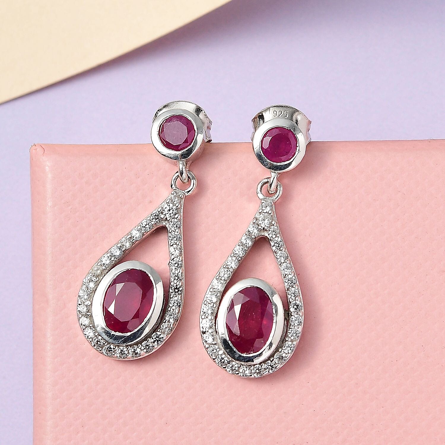 African Ruby (FF) and Natural Cambodian Zircon Dangling Earrings in Platinum Overlay Sterling Silver 3.458 Ct.