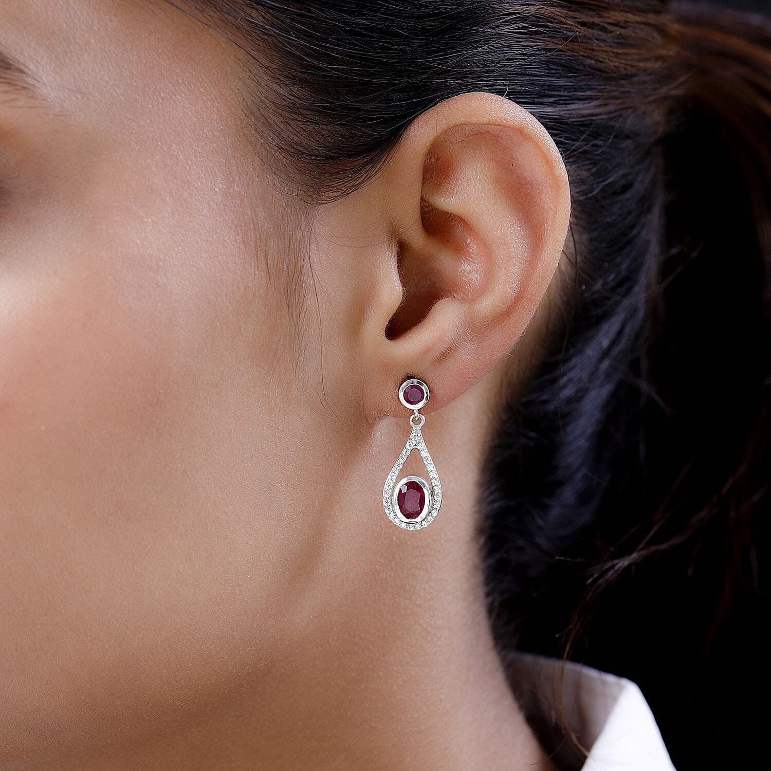 African Ruby (FF) and Natural Cambodian Zircon Dangling Earrings in Platinum Overlay Sterling Silver 3.458 Ct.