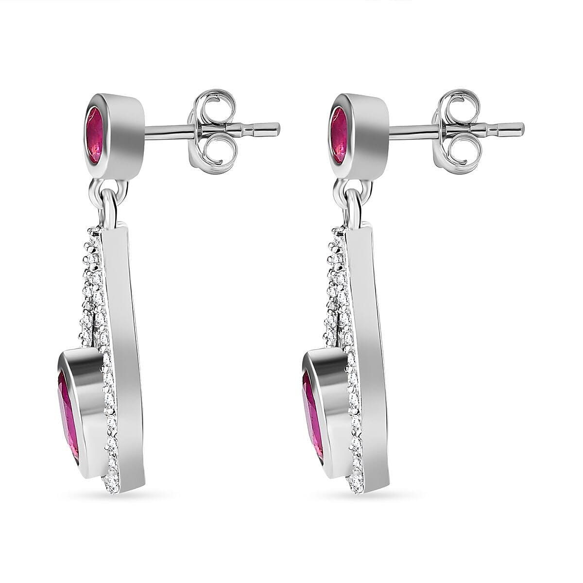 African Ruby (FF) and Natural Cambodian Zircon Dangling Earrings in Platinum Overlay Sterling Silver 3.458 Ct.
