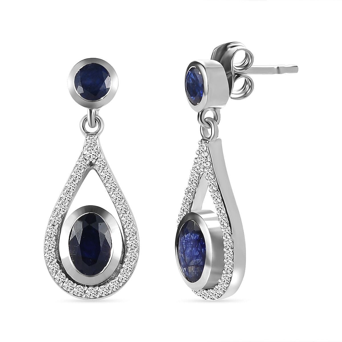 Masoala Sapphire and Natural Zircon Dangle Earrings in Platinum Overlay Sterling Silver 3.80 Ct.
