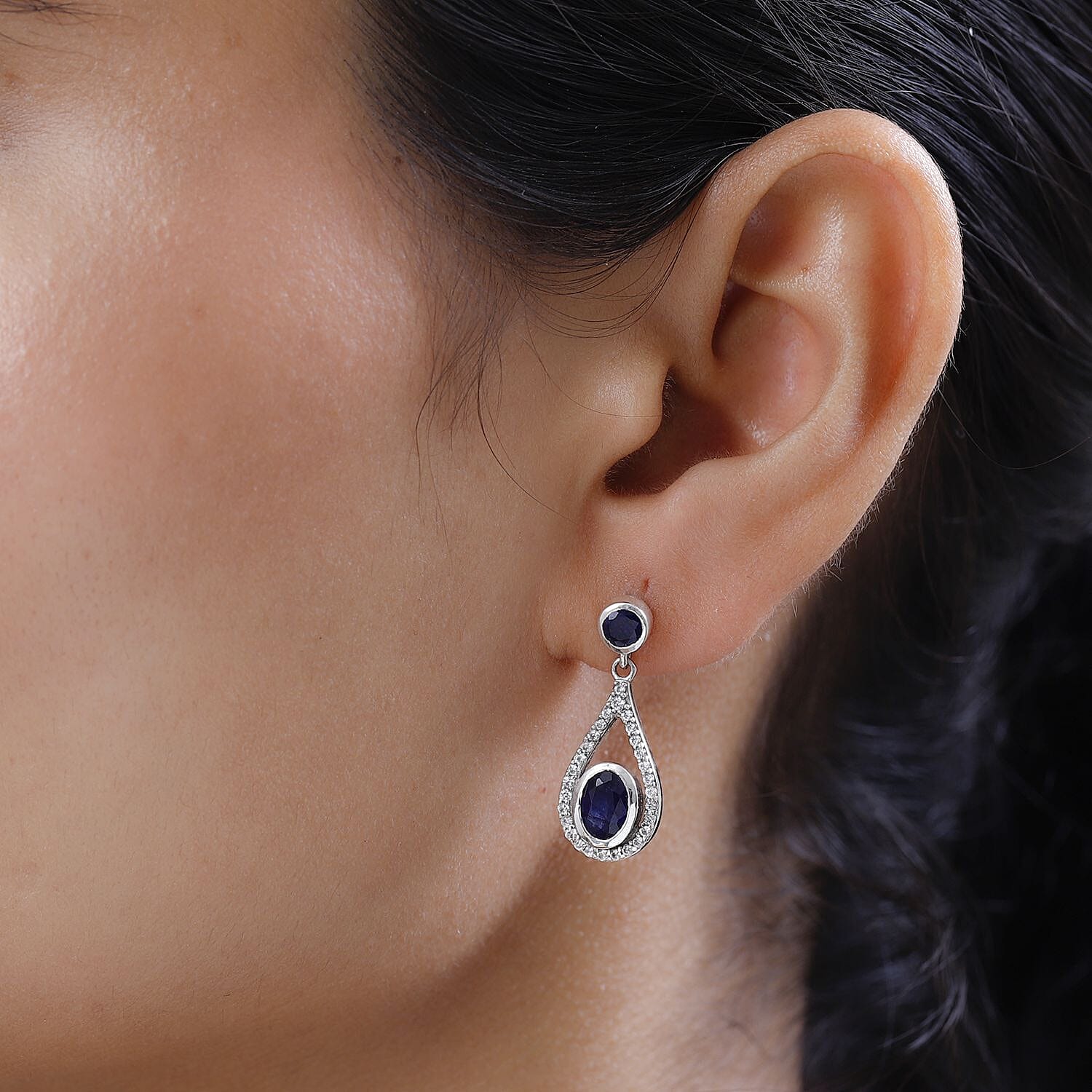 Masoala Sapphire and Natural Zircon Dangle Earrings in Platinum Overlay Sterling Silver 3.80 Ct.