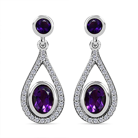 Amethyst and Natural Zircon Dangle Earrings in Platinum Overlay Sterling Silver 2.53 Ct.
