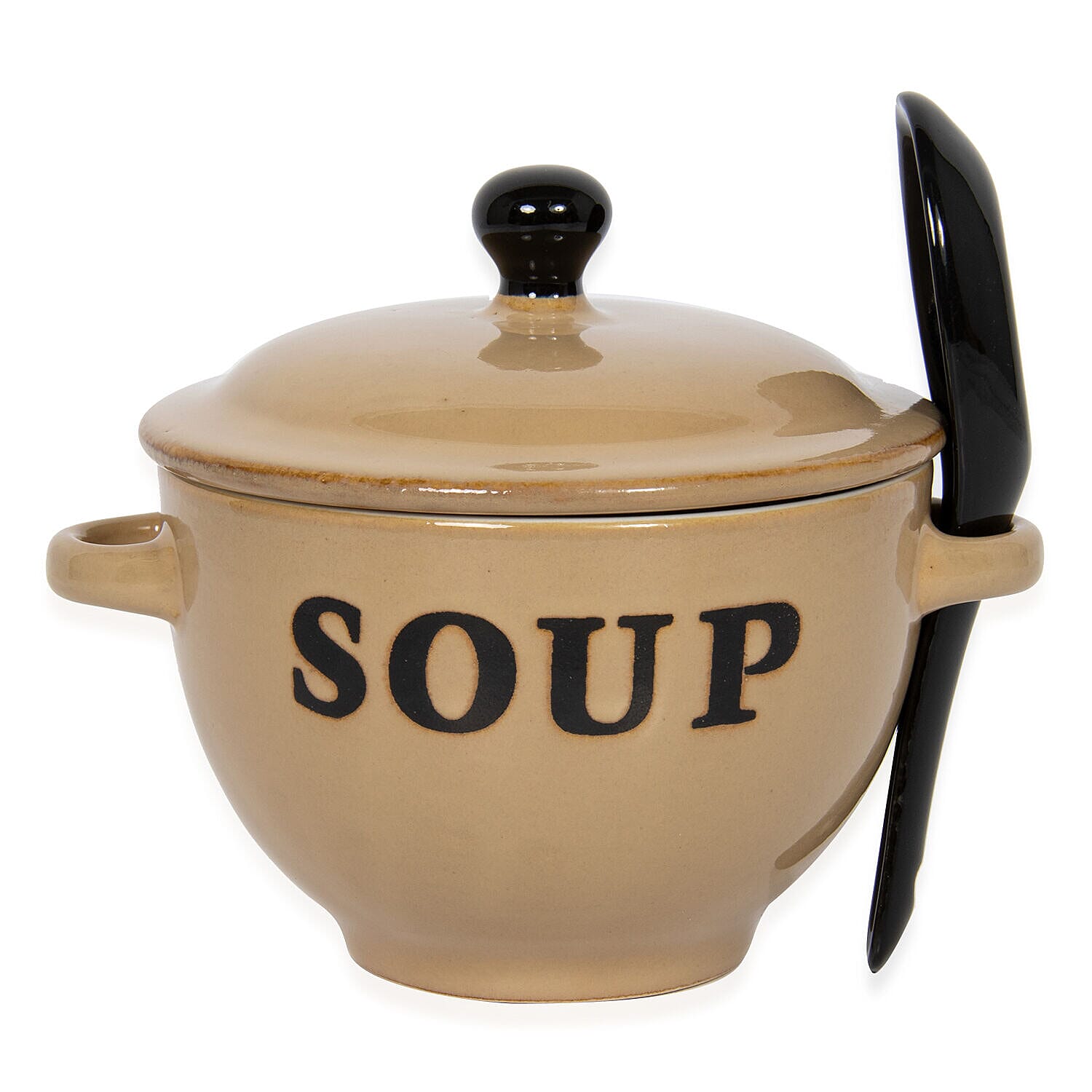 Set of 2 - Soup Bowl with Ceramic Spoon (Size 15x11 cm) - Brown