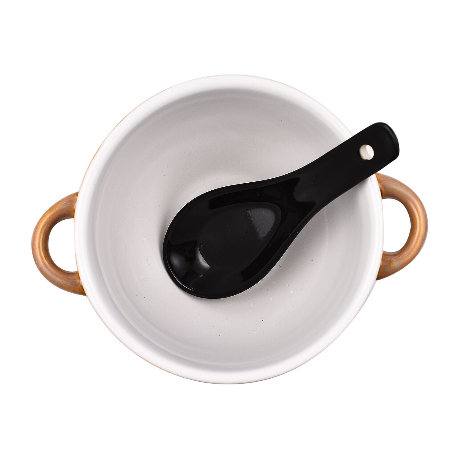 Set of 2 - Soup Bowl with Ceramic Spoon (Size 15x11 cm) - Brown