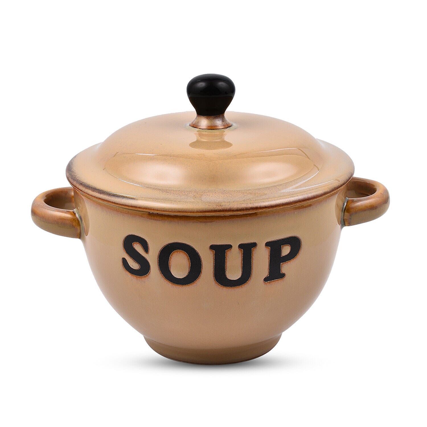 Set of 2 - Soup Bowl with Ceramic Spoon (Size 15x11 cm) - Brown