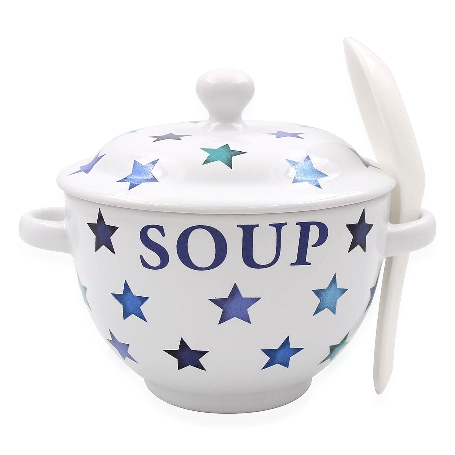 Star Pattern Soup Bowl with Ceramic Spoon (Size 15x15x12 cm) - White & Blue