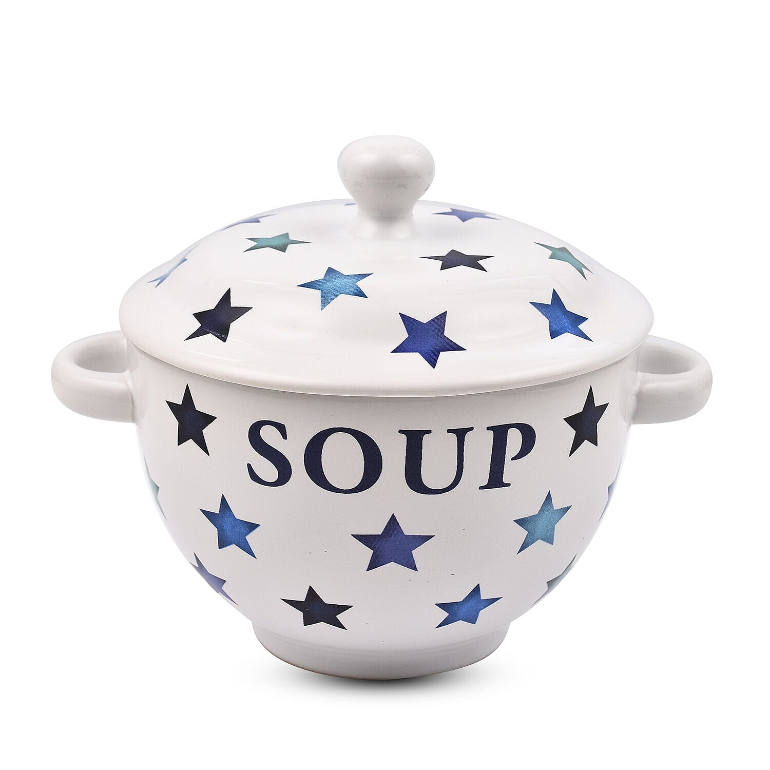 Star Pattern Soup Bowl with Ceramic Spoon (Size 15x15x12 cm) - White & Blue