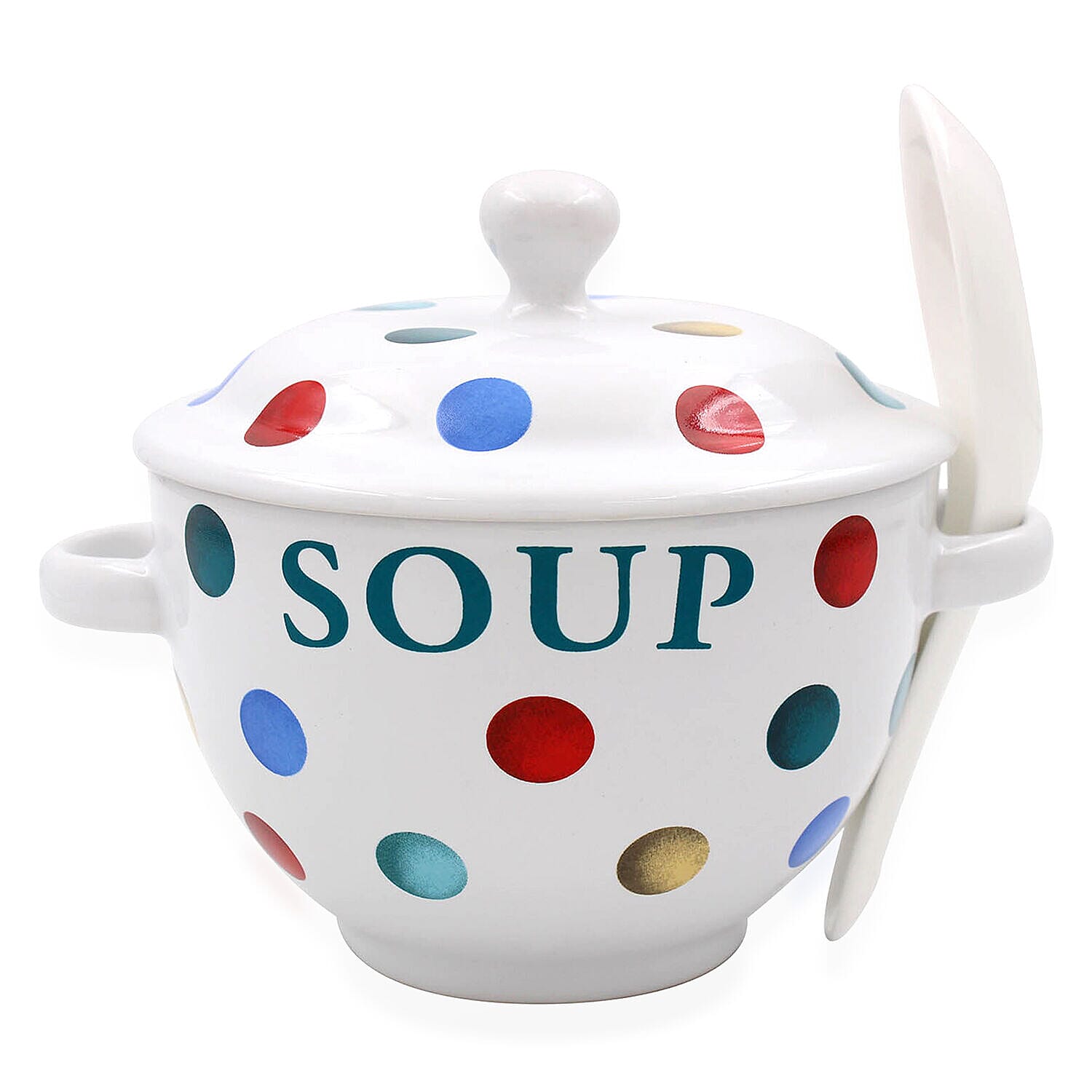 Set of 2 - Dots Pattern Soup Bowl with Ceramic Spoon (Size 15x11 cm) - White & Multi