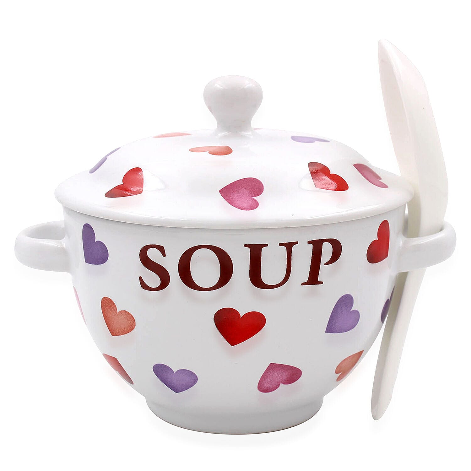 Set of 2 - Heart Pattern Soup Bowl with Ceramic Spoon (Size 15x11 cm) - Red & White