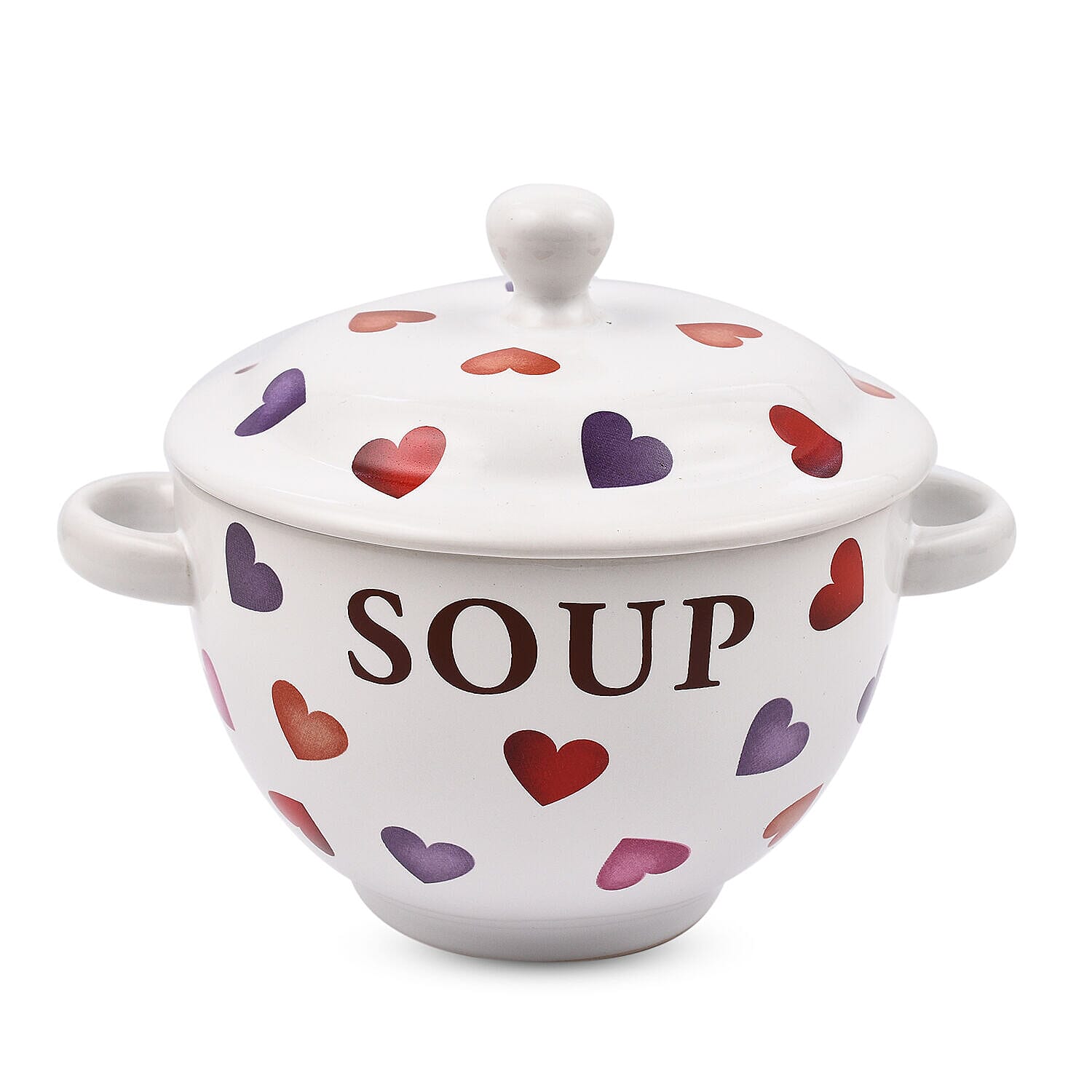 Set of 2 - Heart Pattern Soup Bowl with Ceramic Spoon (Size 15x11 cm) - Red & White