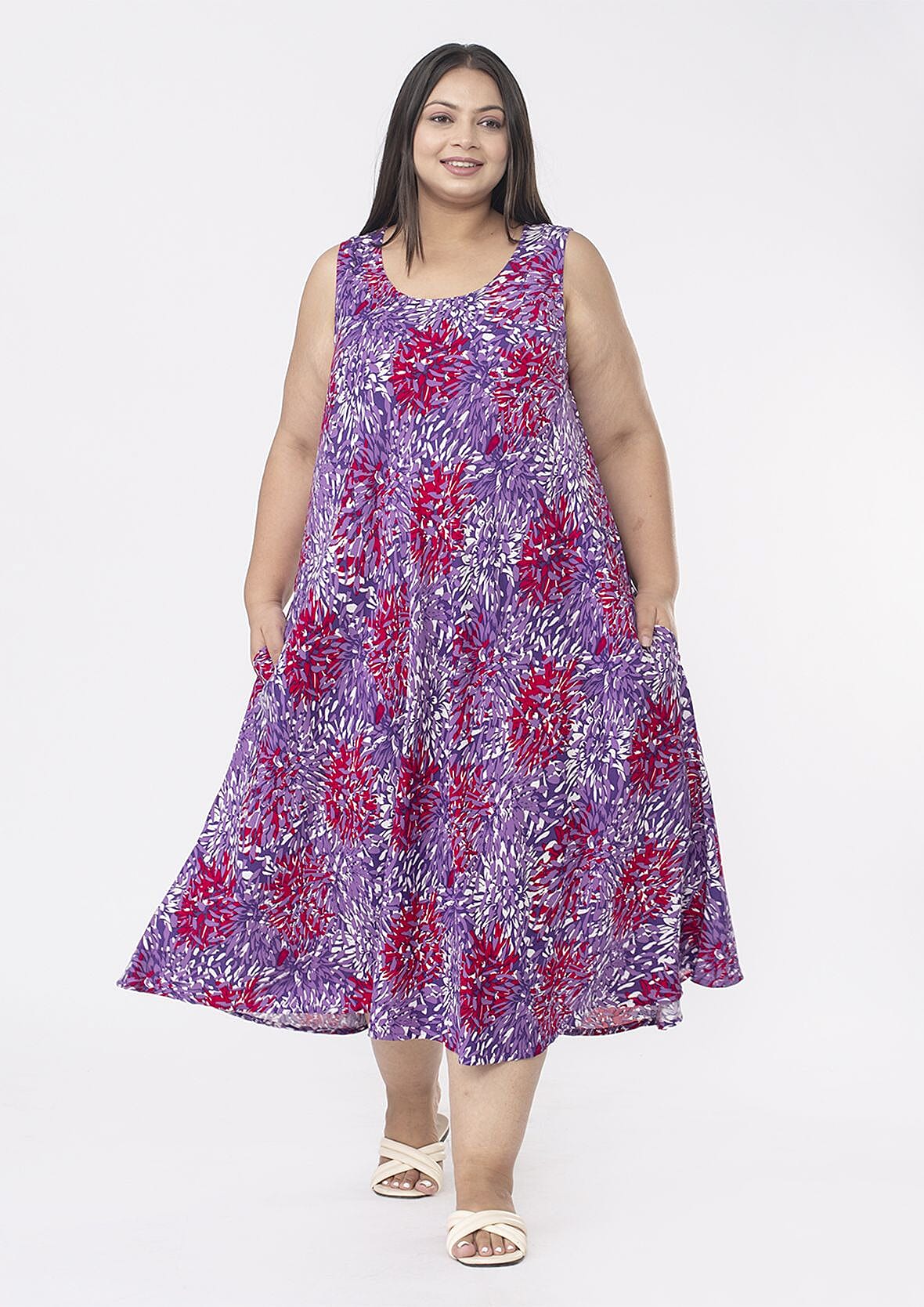 100% Viscose Tamsy Printed Midi Dress with Pockets (One Size 8-18) - Purple & Red