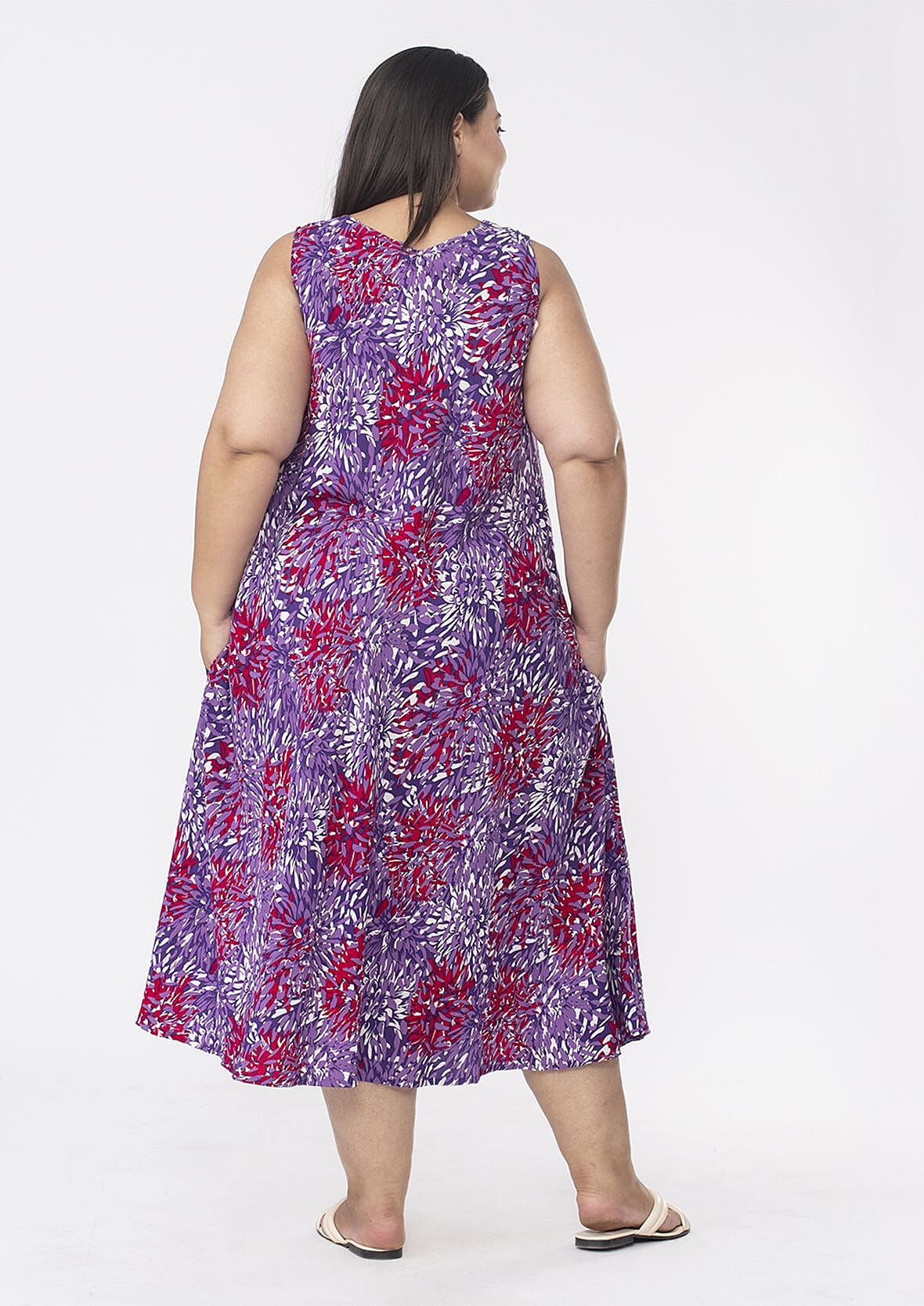 100% Viscose Tamsy Printed Midi Dress with Pockets (One Size 8-18) - Purple & Red