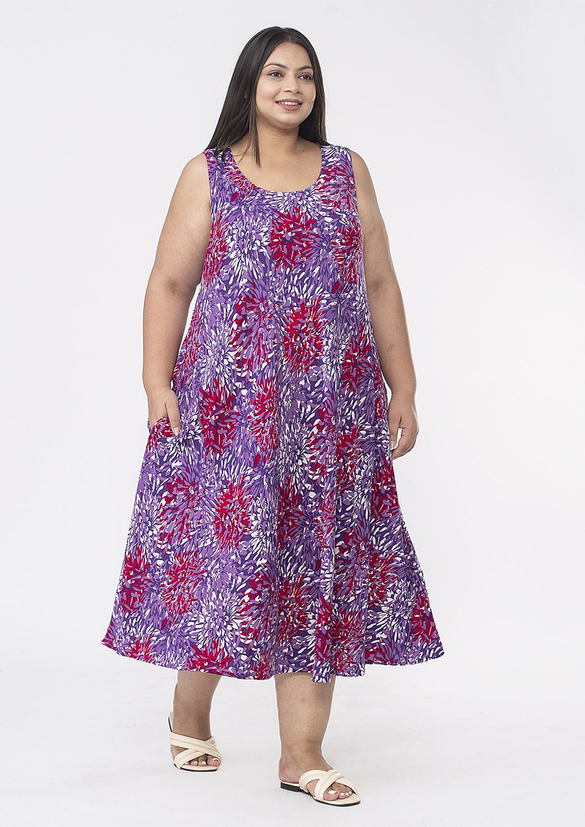 100% Viscose Tamsy Printed Midi Dress with Pockets (One Size 8-18) - Purple & Red